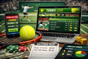 Jogador de tênis em ação com apostas do 666A
