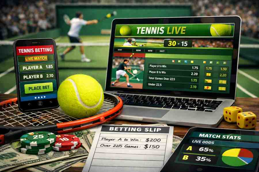 Jogador de tênis em ação com apostas do 666A
